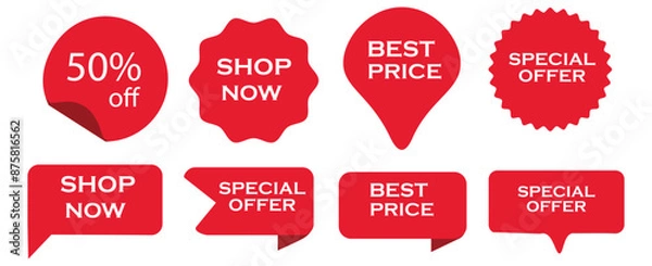 Fototapeta Set of vector red starburst, sunburst badges. Simple flat style vintage labels, stickers with sale discount text. Sale quality tags and labels. Template banner shopping badges