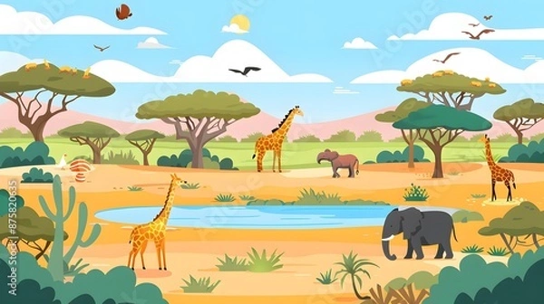 Obraz A colorful illustration of a savanna landscape with giraffes, elephants, and other animals.
