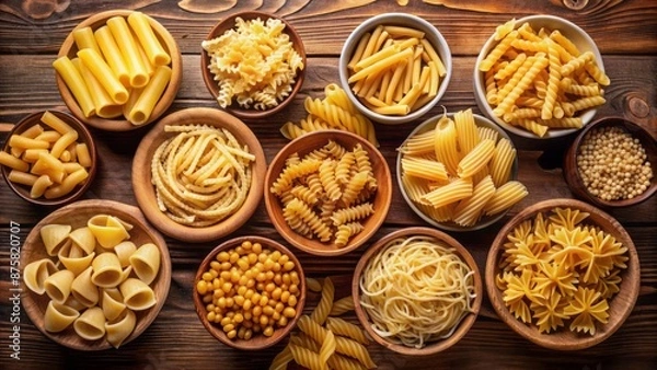 Fototapeta Assortment of uncooked pasta variations arranged in separate bowls on a warm brown background, showcasing different shapes and textures.