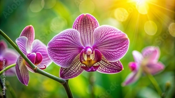 Obraz Delicate purple orchid blooms with intricate petals and yellow center against a soft, blurred green background, exuding elegance and serenity.