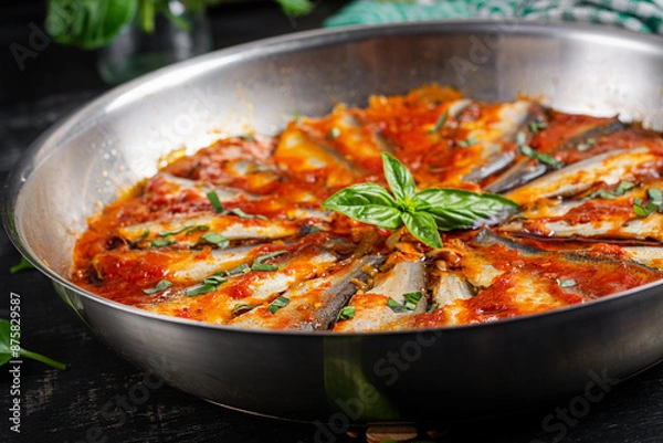 Fototapeta Sardines stewed in tomato sauce with spices. Lunch or dinner. Diet menu. Keto diet.