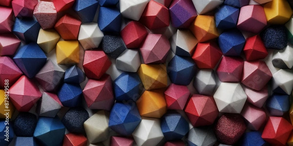 Fototapeta Buntes geometrisches Muster aus facettierten Polyedern in lebhaften Farben wie Blau, Rot, Gelb und Rosa, das eine lebendige und dynamische dreidimensionale Komposition darstellt