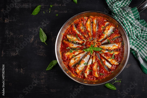 Fototapeta Sardines stewed in tomato sauce with spices. Lunch or dinner. Diet menu. Keto diet. Top view
