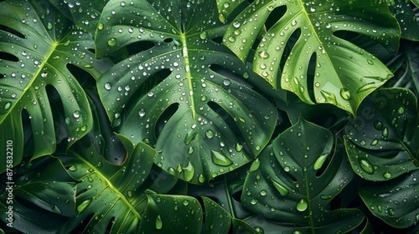 Fototapeta Close-up of lush green monstera leaves with raindrops for a tropical botanical background