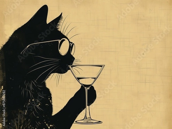 Obraz Black cat with sunglasses drinking martini. Funny poster banner for a bar
