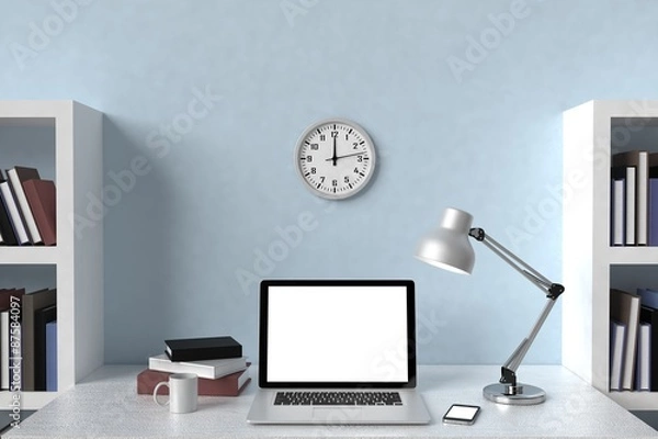 Fototapeta 3D illustration laptop and books, Workspace