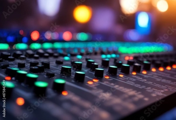 Fototapeta controls background vibrant audio event live an sun glows sets concert console mixing equipment closeup mixer sound engineering audience stage soundboard knob festival