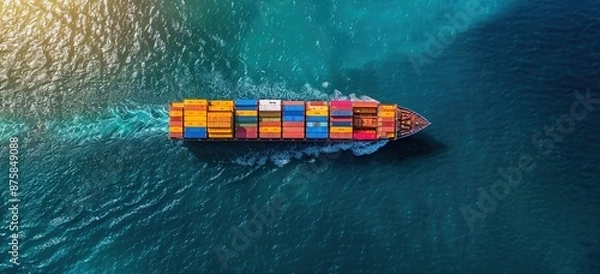 Fototapeta Aerial View of a Cargo Ship Sailing on the Ocean