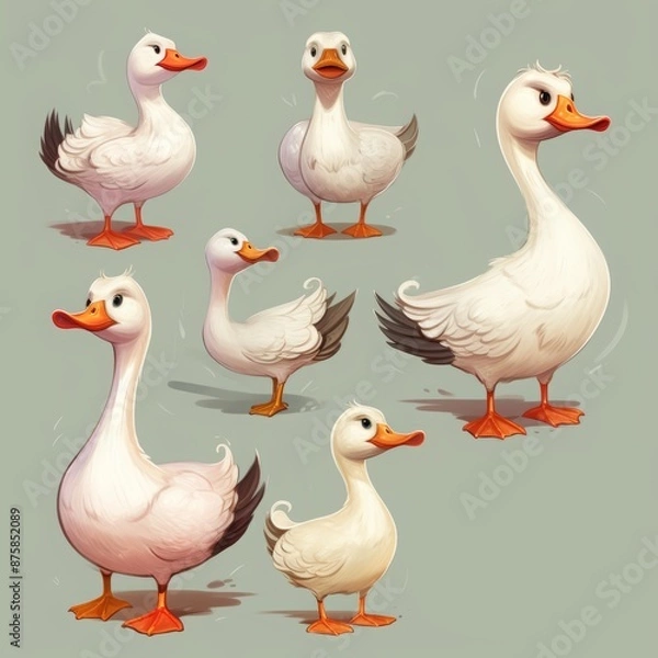 Fototapeta Illustration of six cute white ducks with orange beaks and feet in playful poses against a vibrant green backdrop. Ideal for childrens books, animations, and whimsical projects.
