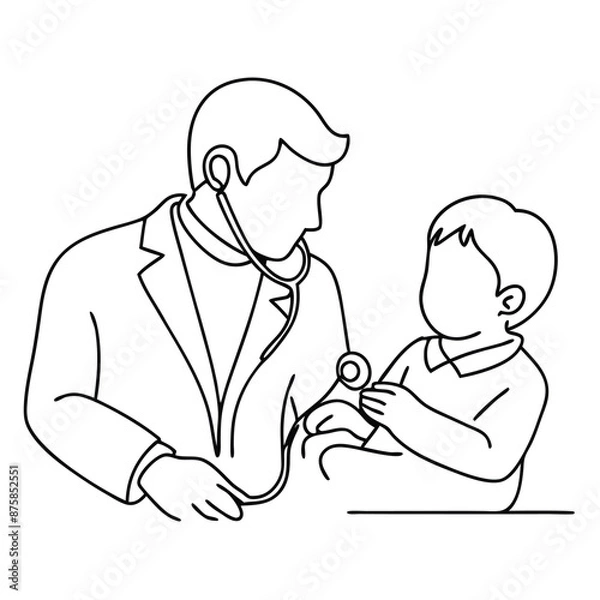 Fototapeta a pediatrician using a stethoscope on a toddler. illustration line art vector style