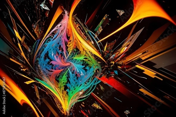 Obraz 植物のような形のオブジェクトとカラフルな様々な線が飛び交う抽象的な背景イラスト