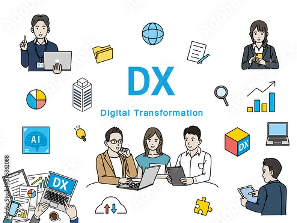 Obraz DX推進や取り組みをするスタートアップ企業のイラストセット