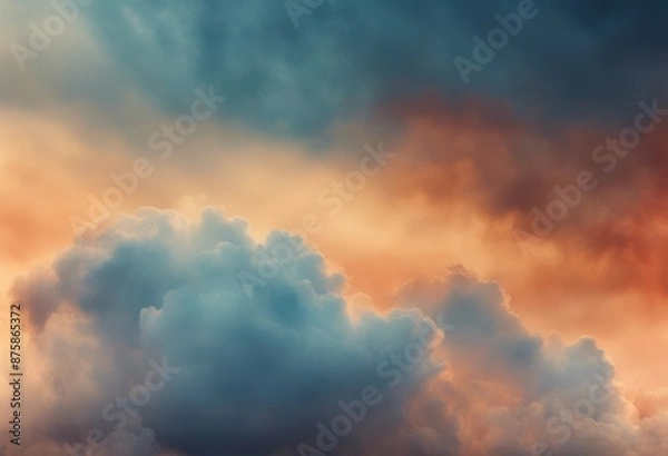 Fototapeta cloudscape warm gradient dramatic orange tones watercolour blue cool horizontal wide widescreen landscape cloud watercolor art painted blank empty energy abstract wallpaper colourful