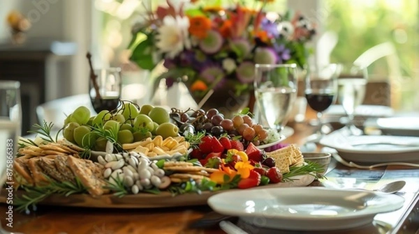 Fototapeta A beautifully arranged platter of healthy snacks on an elegant dining table in a home, no text,