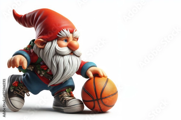 Fototapeta A gnome playing basketball. Space for text.