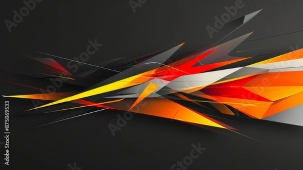 Fototapeta Abstract 3D geometric shapes in bright red, orange, yellow, and gray colors on black background