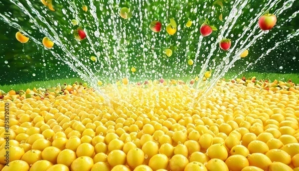 Obraz レモンのプールとそこからスプラッシュ飛び出す様々なフルーツイラスト