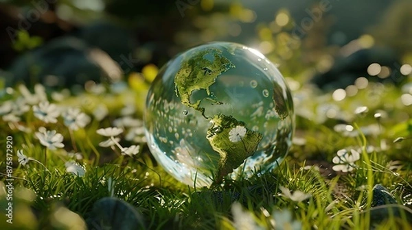 Fototapeta Earth delicate ecosystems are embraced by a glass globe on grass very detailed and realistic shape