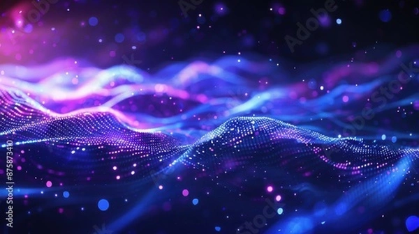 Fototapeta Abstract background with waves of glowing particles,
