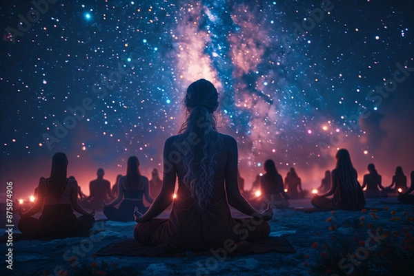 Fototapeta Group Meditation Under Starry Night Sky. Group of people meditating under a star-filled night sky, creating a serene and spiritual atmosphere.