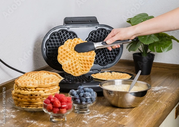Fototapeta Making Belgian waffles. Female hand pours dough into waffle maker in kitchen at home. Cooking summer breakfast with round waffles and berries