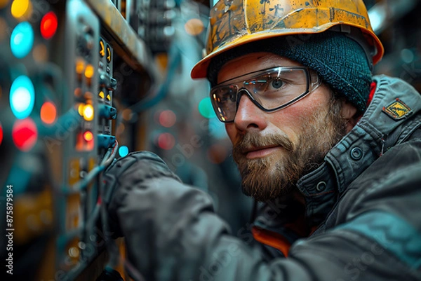 Fototapeta Electrician Working on Circuit Board in Blue-Lit Garage