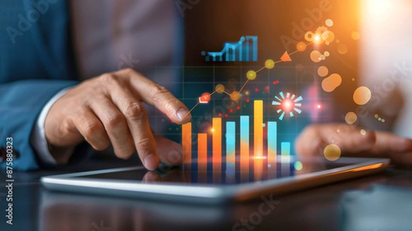 Obraz Close-up of a person interacting with a digital tablet displaying vibrant business graphs and charts, focusing on financial growth.