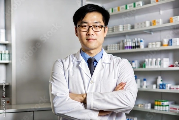 Fototapeta Confident Asian Pharmacist Standing with Arms Crossed
