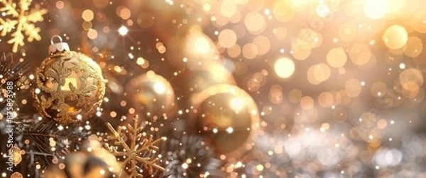 Fototapeta A warm, golden holiday background featuring shimmering ornaments and bokeh lights, creating a festive and elegant atmosphere with intricate decorative details