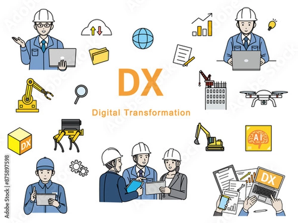 Obraz DX推進や取り組みをする建設業や製造業のイラストセット
