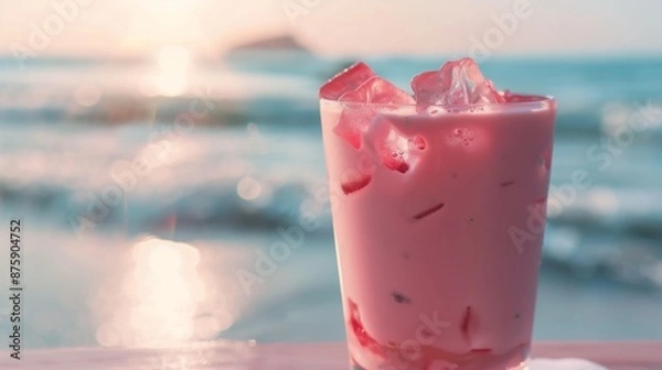 Fototapeta Pink matcha iced drink with ice cubes, close-up, beach background, refreshing and cool,