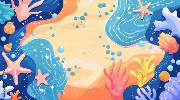 Fototapeta Ocean theme with holes spots shells and drawings Hand drawn with space for text