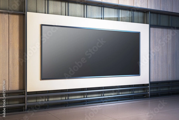 Obraz An empty billboard on a wooden and tiled wall inside a building, with a concept of advertising space. 3D Rendering