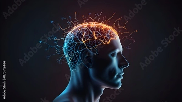 Fototapeta Human Head with Glowing Neurons in Brain: Esoteric and Meditation Concept, spiritual enlightenment, brainwave illustration, esoteric mind, mystical connections, meditative state