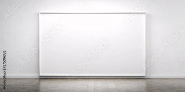 Fototapeta A large, pristine white canvas leans against a neutral-toned wall in a minimalist interior setting. The empty canvas contrasts with the subtle textures of the wall and floor.