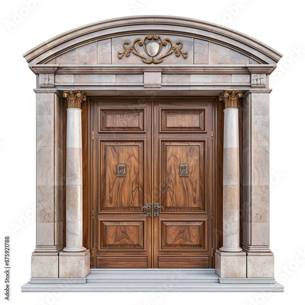 Fototapeta double front doors isolated on white background, double front doors with glass, modern double front doors






