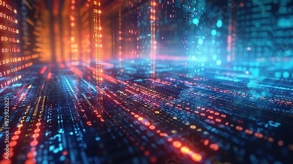 Fototapeta Illuminated Future: Glowing Lines and Digital Data Patterns on Dark Background