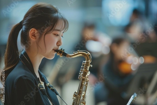Fototapeta Music Student. Female Student Playing Saxophone in High School Orchestra Band