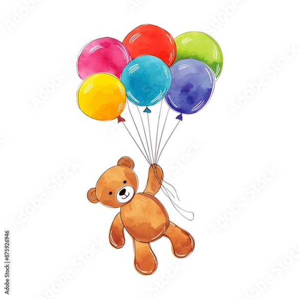 Fototapeta カラフルな風船を持っている可愛いクマのイラスト　白背景の切り抜き