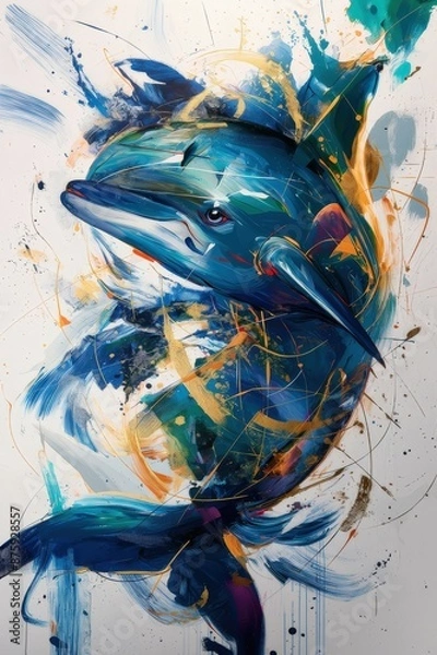 Fototapeta beautiful vibrant and dynamic abstract artwork of an animal feature a harmonious blend of bold colors such as blues, greens, and touches of gold, with fluid, sweeping lines and geometric shapes