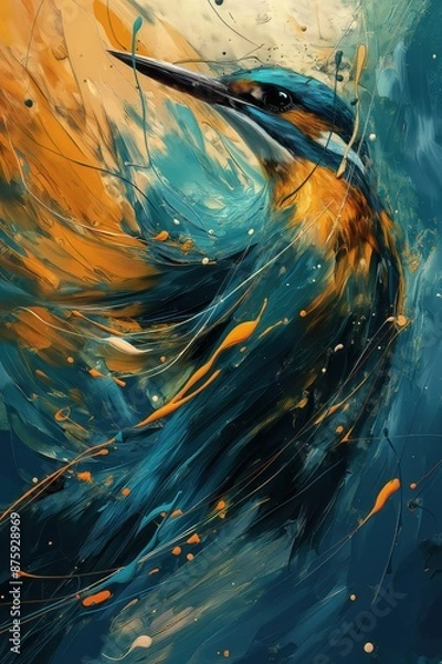 Fototapeta kingfisher bird beautiful vibrant and dynamic abstract artwork of an animal feature a harmonious blend of bold colors such as blues, greens, and touches of gold, with fluid