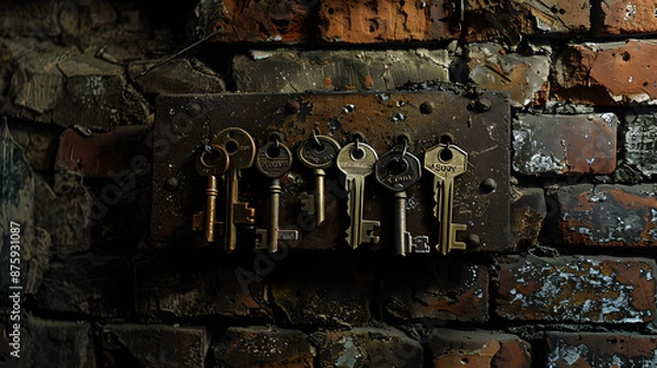 Obraz Three keys hanging from a brick wall