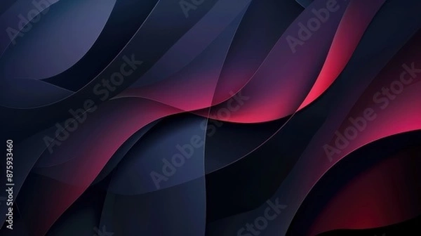 Fototapeta Abstract design featuring flowing, curved shapes with a gradient of colors ranging from deep purple to vibrant red, set against a dark background