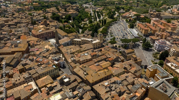 Fototapeta Aerial view of the Civic Tower in Piazza Plebiscito in Viterbo, Lazio, Italy. It is one of the symbols of the historic center of the city.