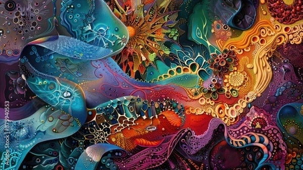 Fototapeta Contemporary art piece with layers of vibrant colors and intricate patterns, inviting the viewer to explore its depths.