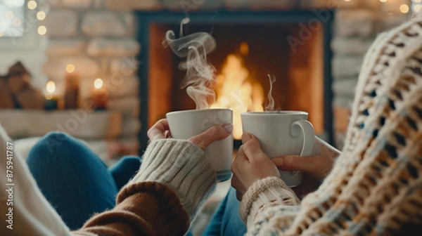 Obraz Two people are holding cups of coffee and toasting to each other. The scene is cozy and warm, with a fireplace in the background