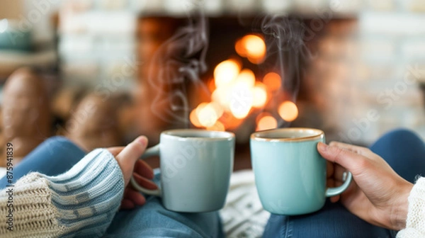 Obraz Couple are holding cups of coffee and toasting to each other. The scene is cozy and warm, with a fireplace in the background