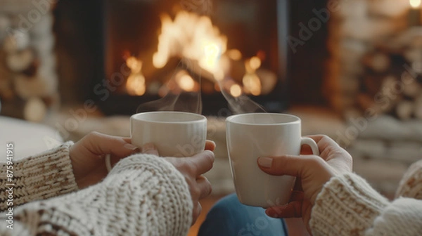 Obraz Couple are holding cups of coffee and toasting to each other. The scene is cozy and warm, with a fireplace in the background