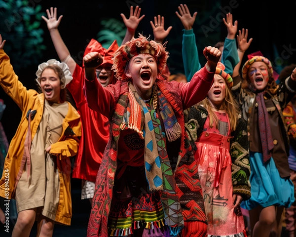 Fototapeta group of enthusiastic students performing in a vibrant school play with energy and excitement