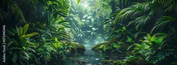 Obraz A lush green jungle with a river running through it generated by AI